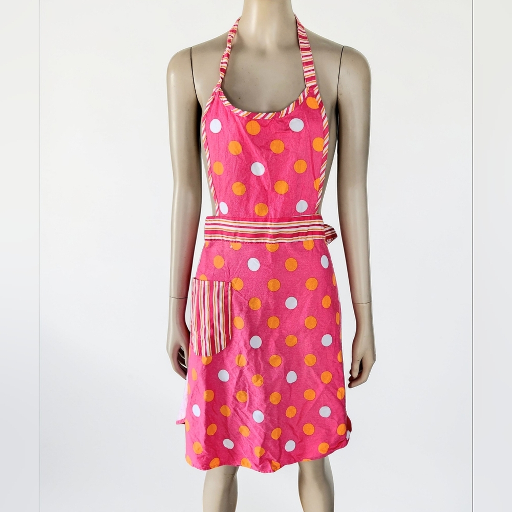Kay Dee Design Pink Orange Polkadot Kitchen Apron Tie Neck Waist Cotton 1 Pocket